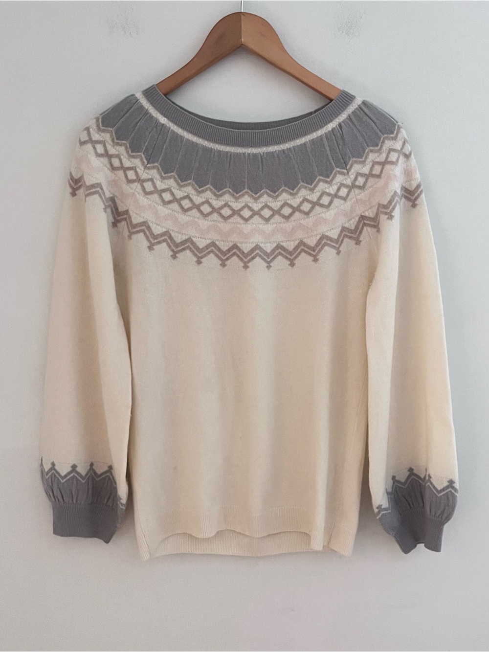 Two Bees Cashmere Cream Sweater Size Small Gray Nordic Yoke Knit Fair Isle